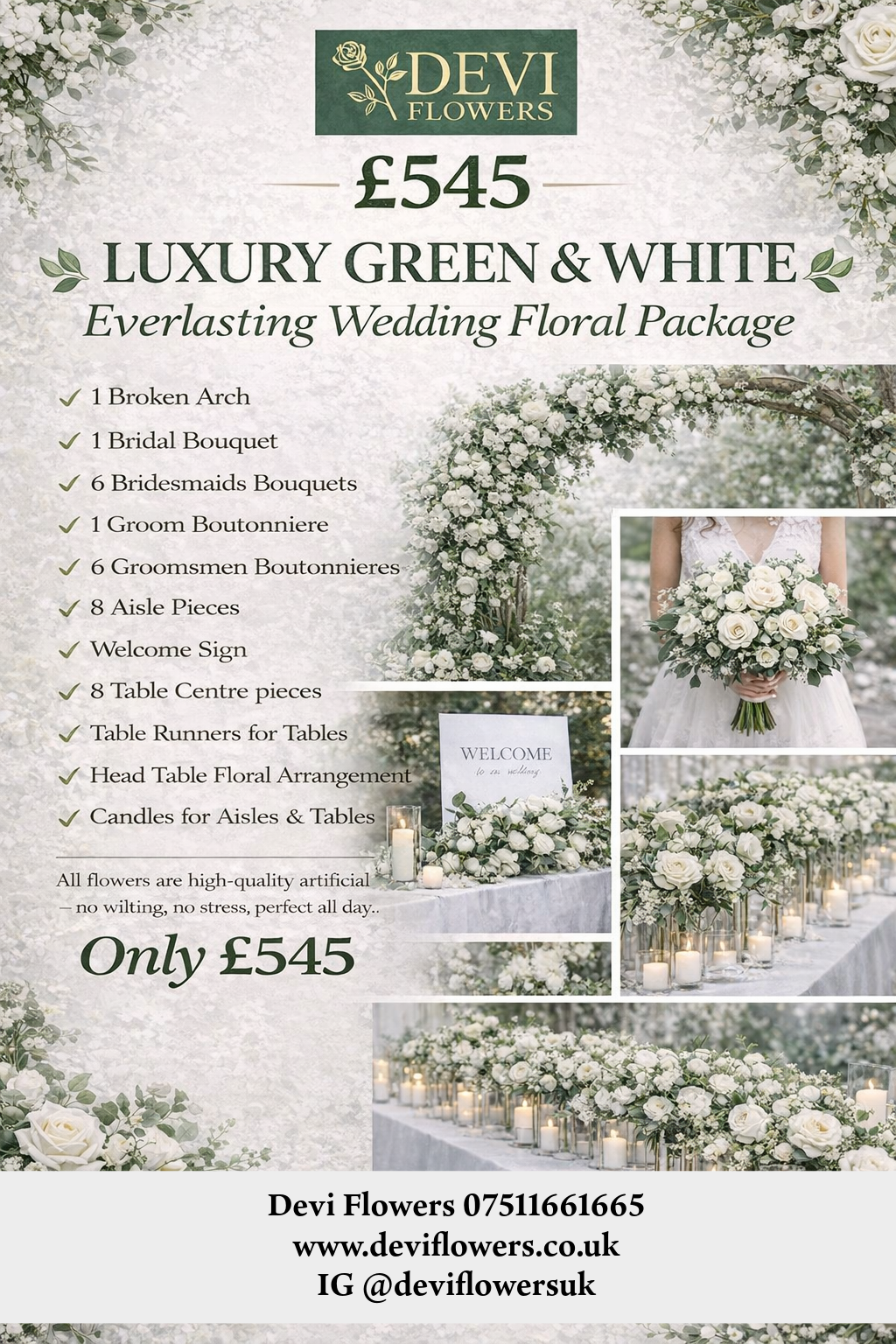Everlasting Luxury Green & White Wedding Floral Package 1 - Wedding Floral Packages