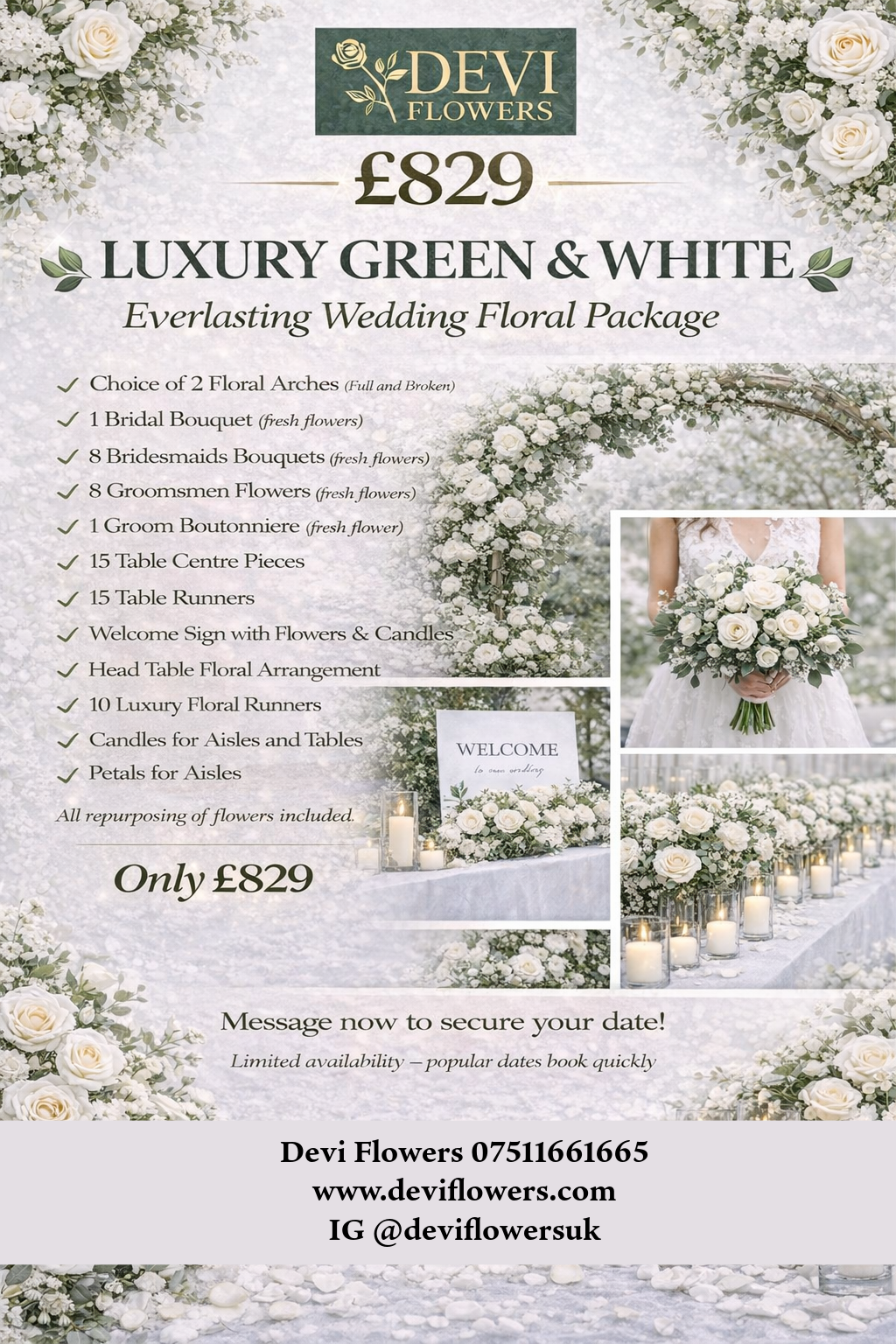 Everlasting Luxury Green & White Wedding Floral Package 2 - Wedding Floral Packages