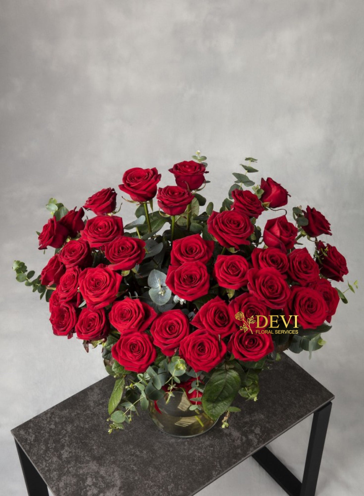 Red Roses with Eucalyptus