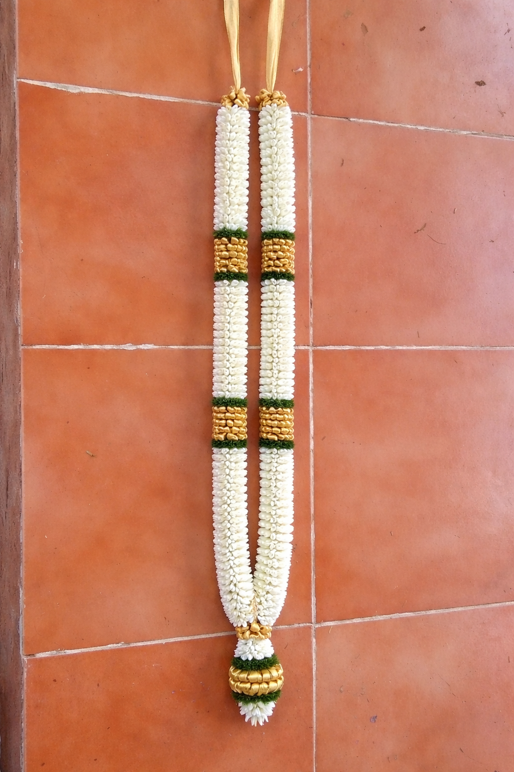 White Samangi & Gold Roses & Greens Wedding Garlands - Devi Flowers