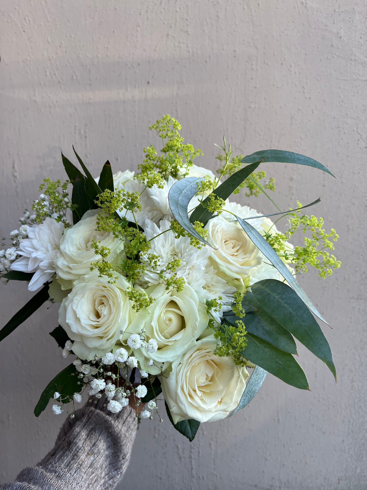 White Roses and Eucalyptus Bouquet