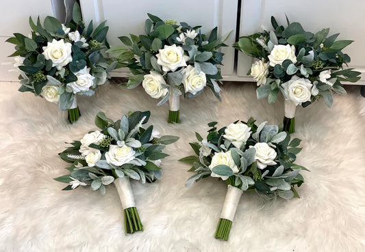 Roses with Eucalyptus Bridesmaids Bouquets