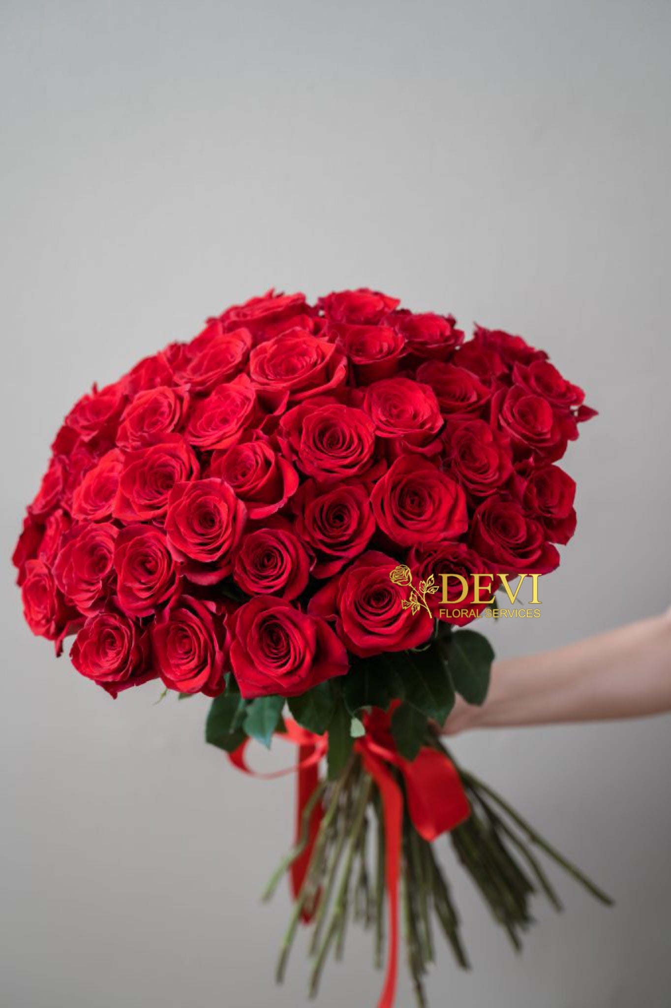 50 Red Roses with Red Silk Ribbon