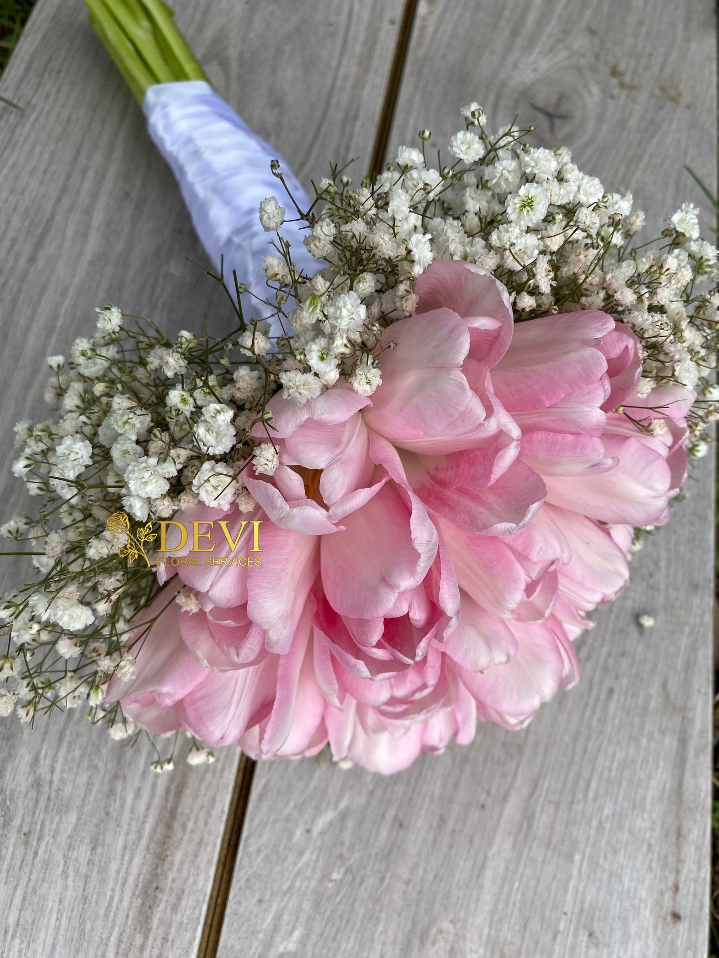 Pink Tulips with Gypsophila Bouquet